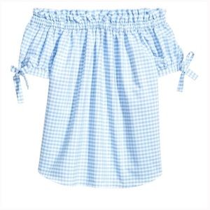 Off-the-shoulder light blue gingham top